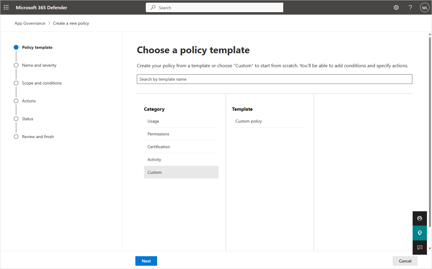 Screenshot of a Choose a policy template page.