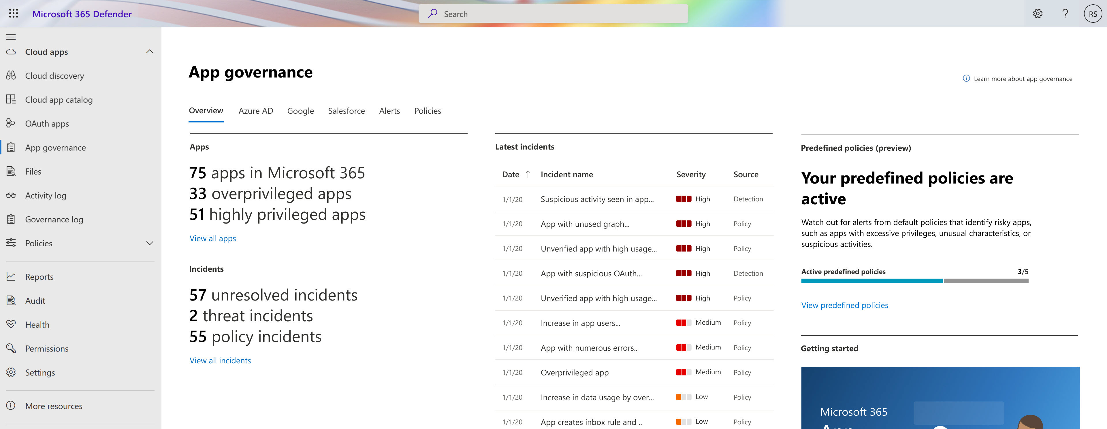Screenshot of the App governance > Overview tab with the Latest alerts section highlighted.