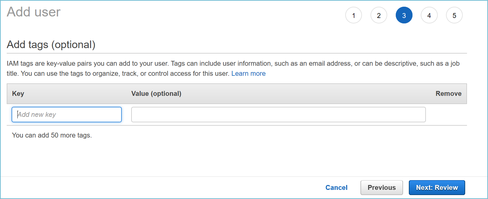 Add tags to user in AWS.