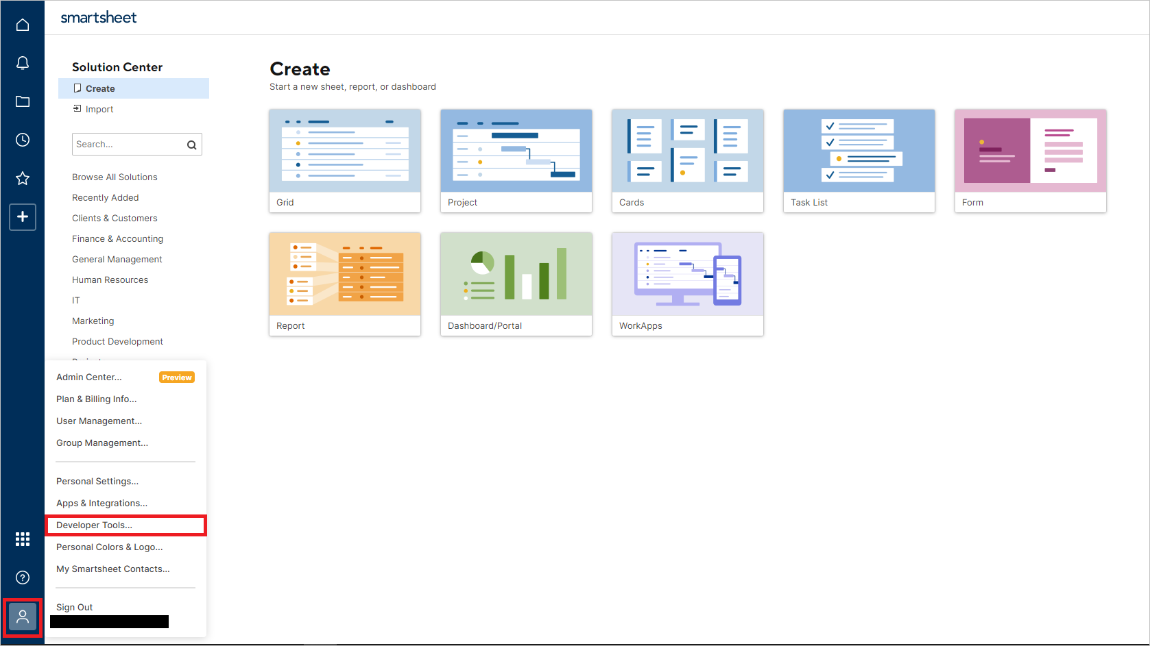 Screenshot that shows the Developer Tools menu item.