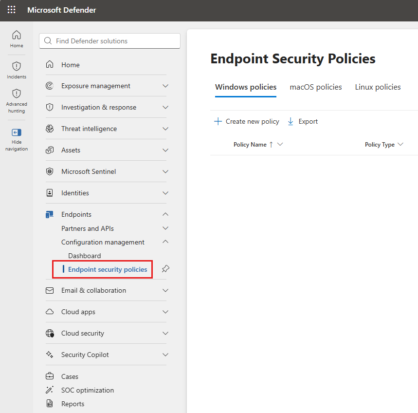 Screenshot of Endpoint security policies option.