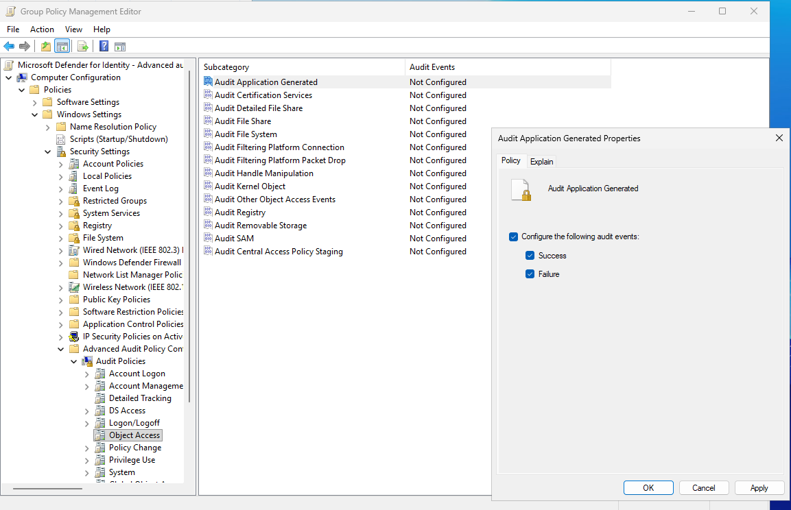 Screenshot of the advanced auditing audit policy configuration.