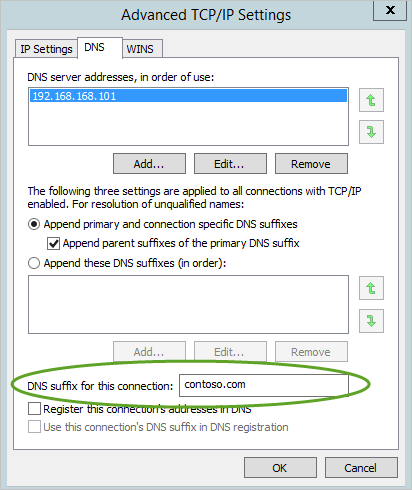 Configure DNS suffix in advanced TCP/IP settings.