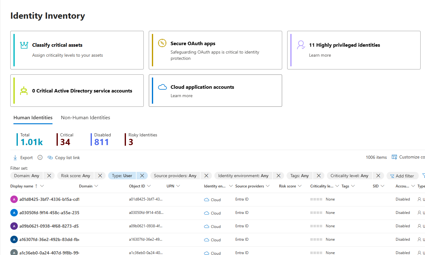 Screenshot of the identity inventory page in the Microsoft Defender portal.