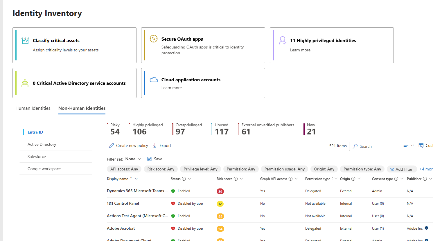 Screenshot of non-human identities tab in the Identity Inventory.