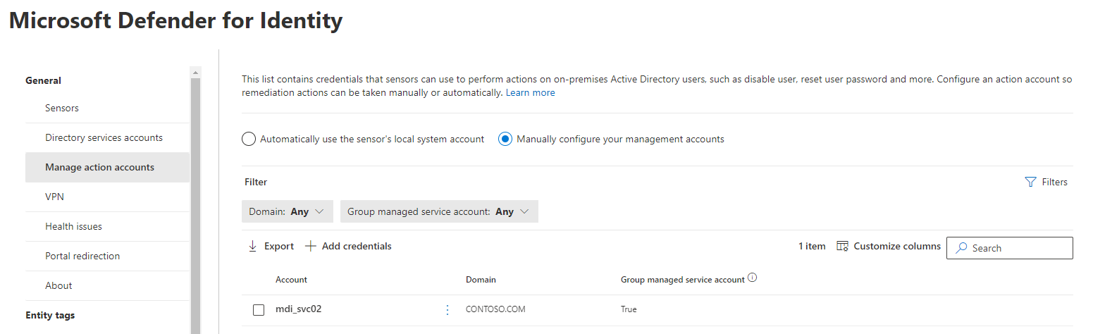 Screenshot of the Manage action accounts tab.