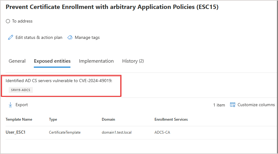 Screenshot of exposed entities for Identified AD CS servers that are vulnerable.