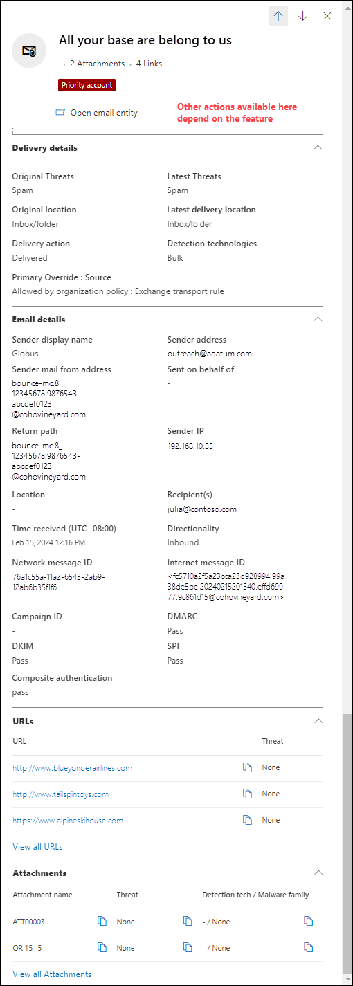 Screenshot of the Email summary panel after selecting an email message in a supported Defender for Office 365 feature.