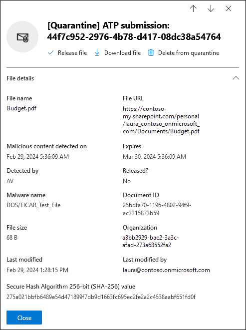 Screenshot of the details flyout that opens after you select a quarantined file from the Files tab of the Quarantine page.