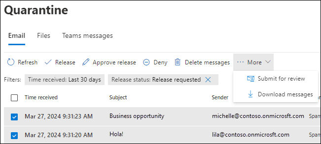 Screenshot of the available actions on the Email tab of the Quarantine page after you select the check box of multiple quarantined messages.