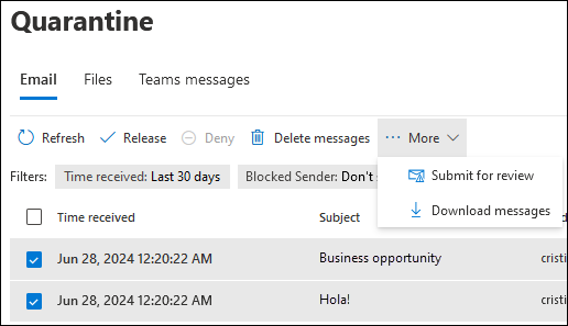 Screenshot of the available actions on the Email tab of the Quarantine page after you select the check box of multiple quarantined messages.