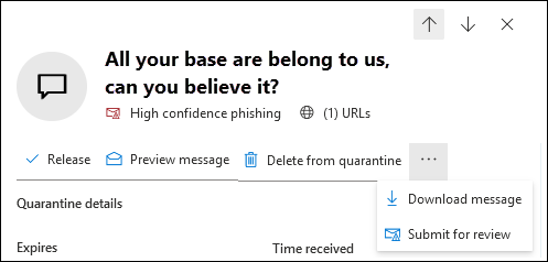 Screenshot of the available actions in the details flyout that opens after you select a quarantined Teams message from the Teams messages tab of the Quarantine page.