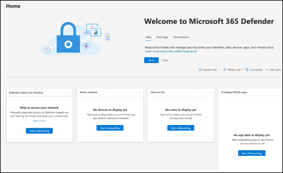 Screenshot of the Microsoft Defender welcome page with a card for the Defender Experts Hunting service.