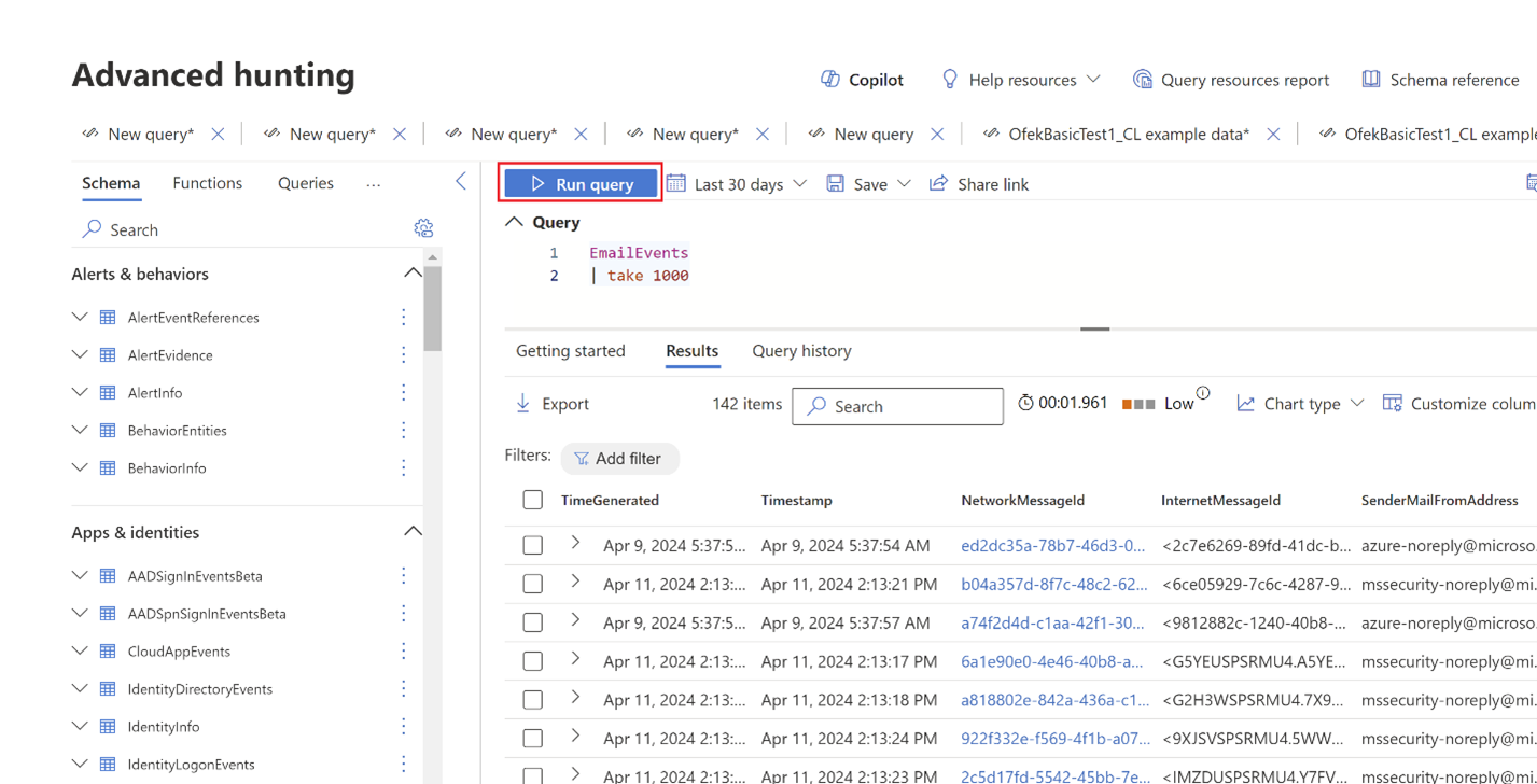 Screenshot of the advanced hunting page in the Microsoft Defender portal