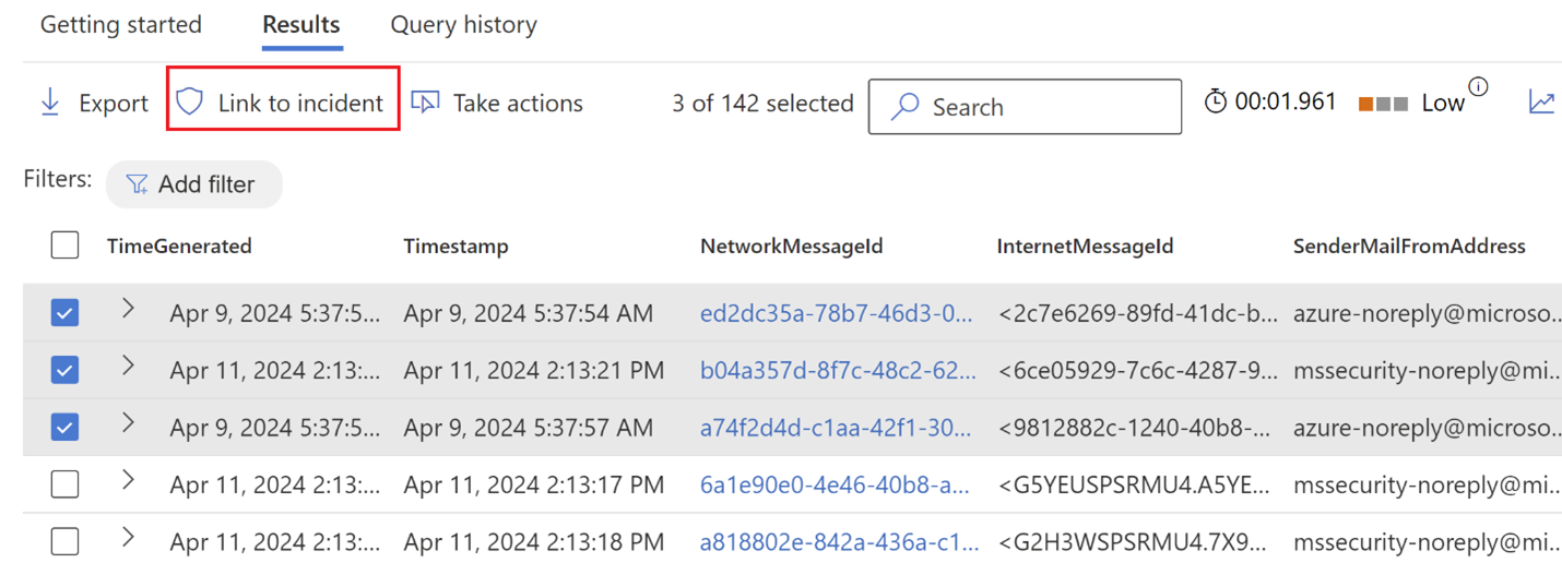 Screenshot of the link to incident feature in advanced hunting in the Microsoft Defender portal