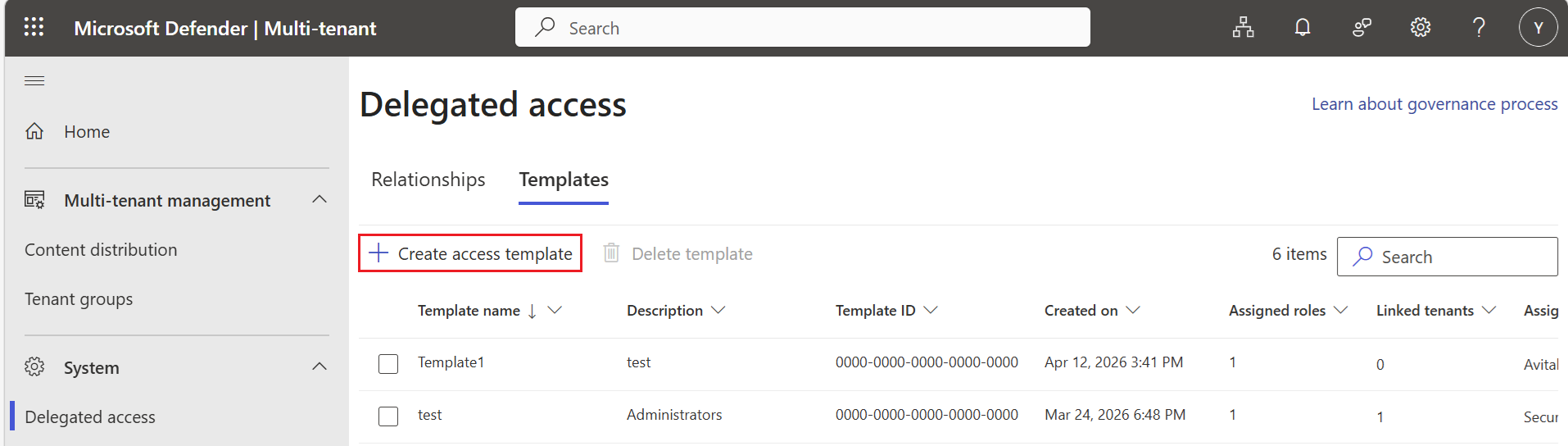 Screenshot of create access template interface.