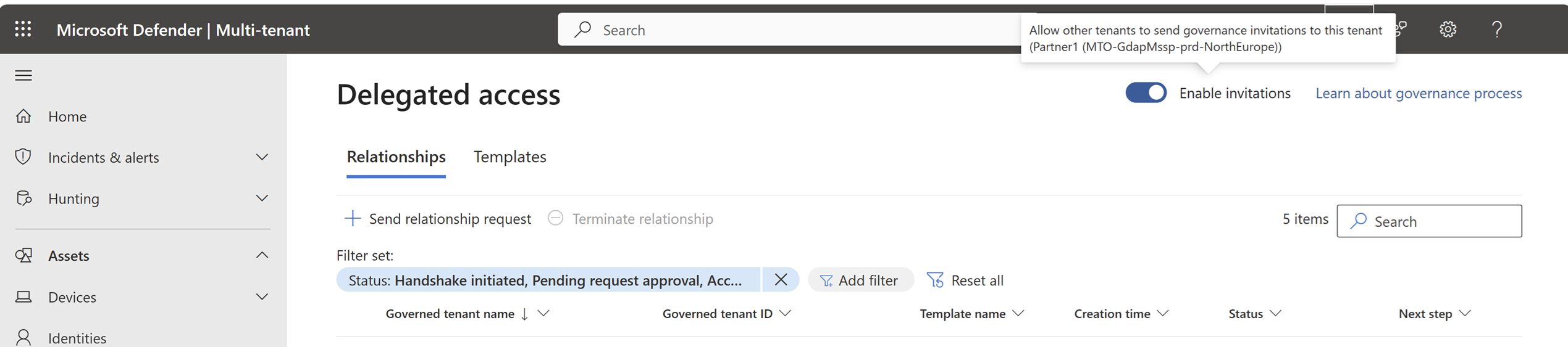 Screenshot showing governance invitations enabled in tenant settings.