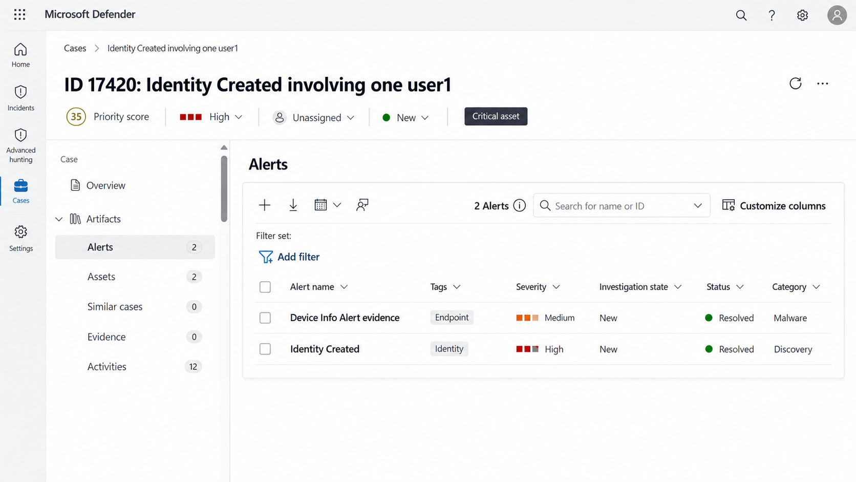 Screenshot showing the Alerts page for an incident case in the Microsoft Defender portal.