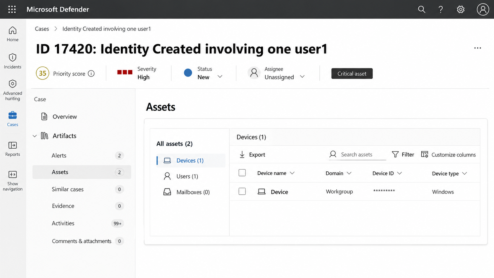Screenshot showing the Assets page for an incident case in the Microsoft Defender portal.
