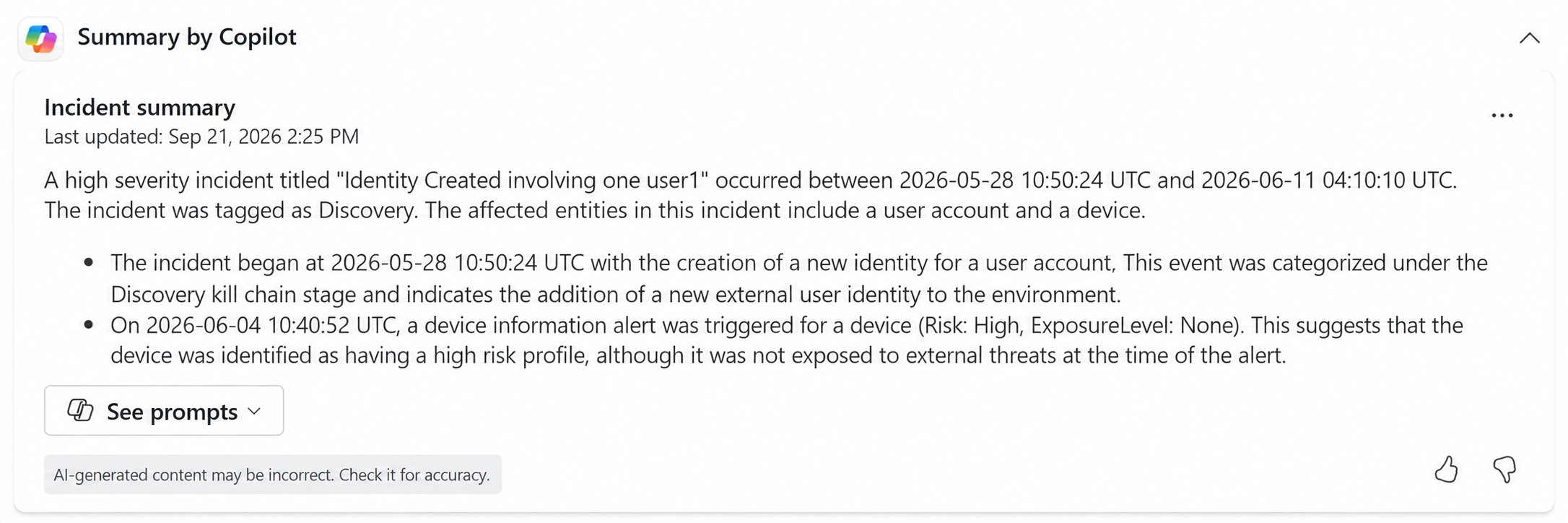 Screenshot showing the Summary by Copilot section for an incident case in the Microsoft Defender portal.