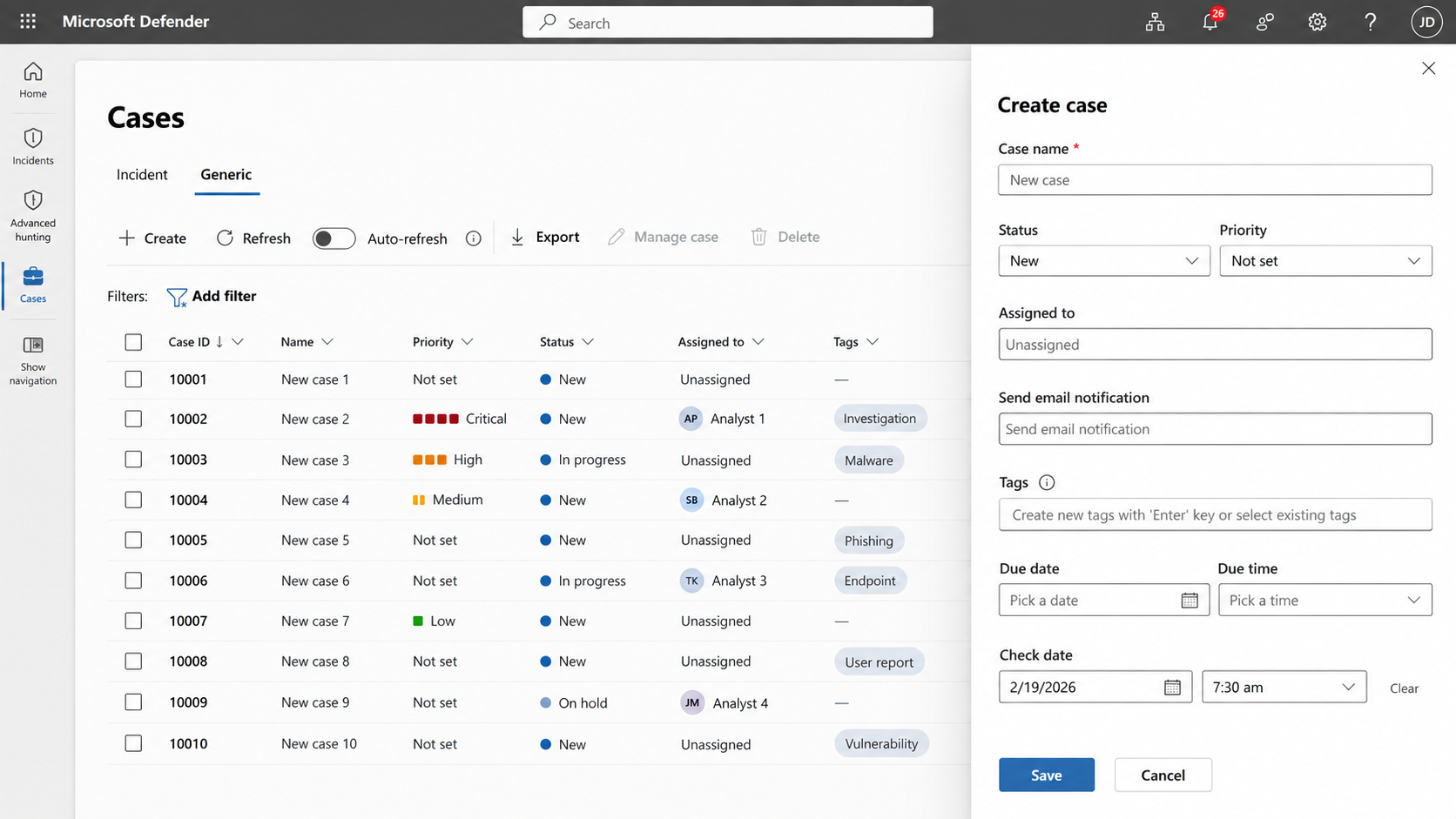 Screenshot showing the Generic cases page and the Create case pane in the Microsoft Defender portal.