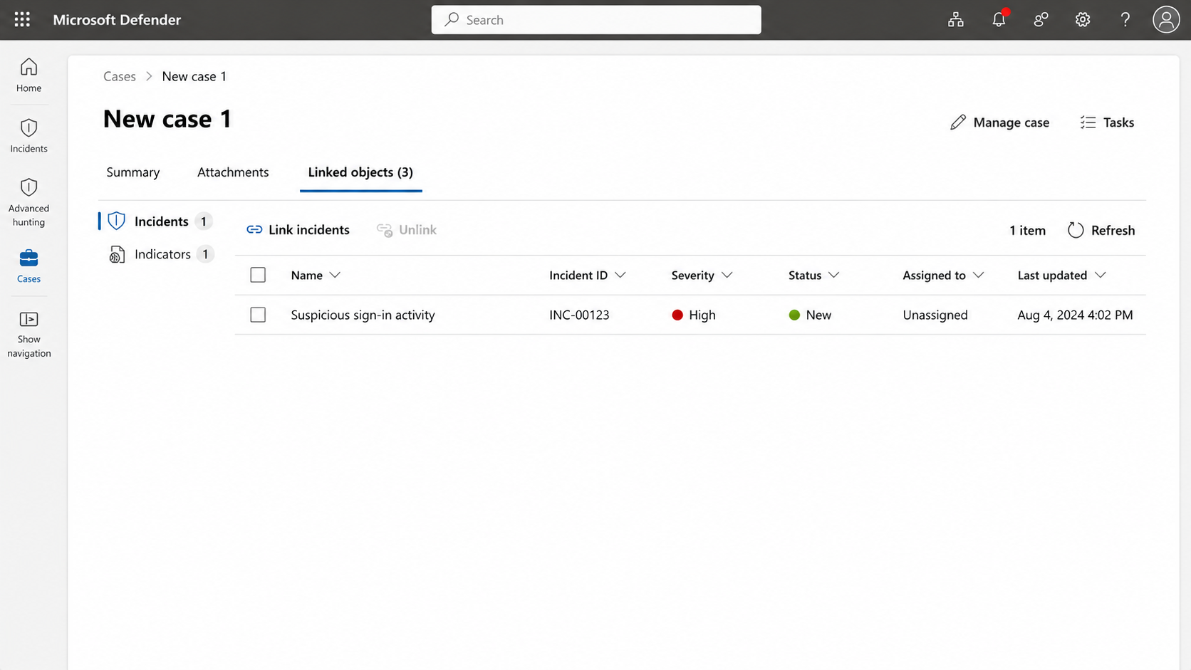 Screenshot showing the Linked objects tab with linked incidents for a generic case in the Microsoft Defender portal.