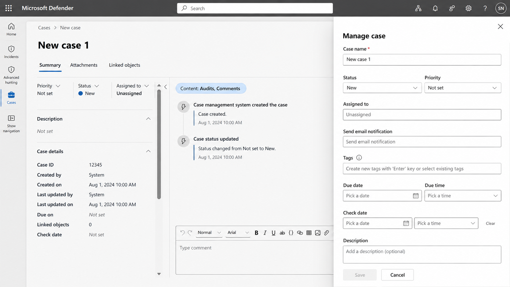 Screenshot showing a generic case and the Manage case pane in the Microsoft Defender portal.