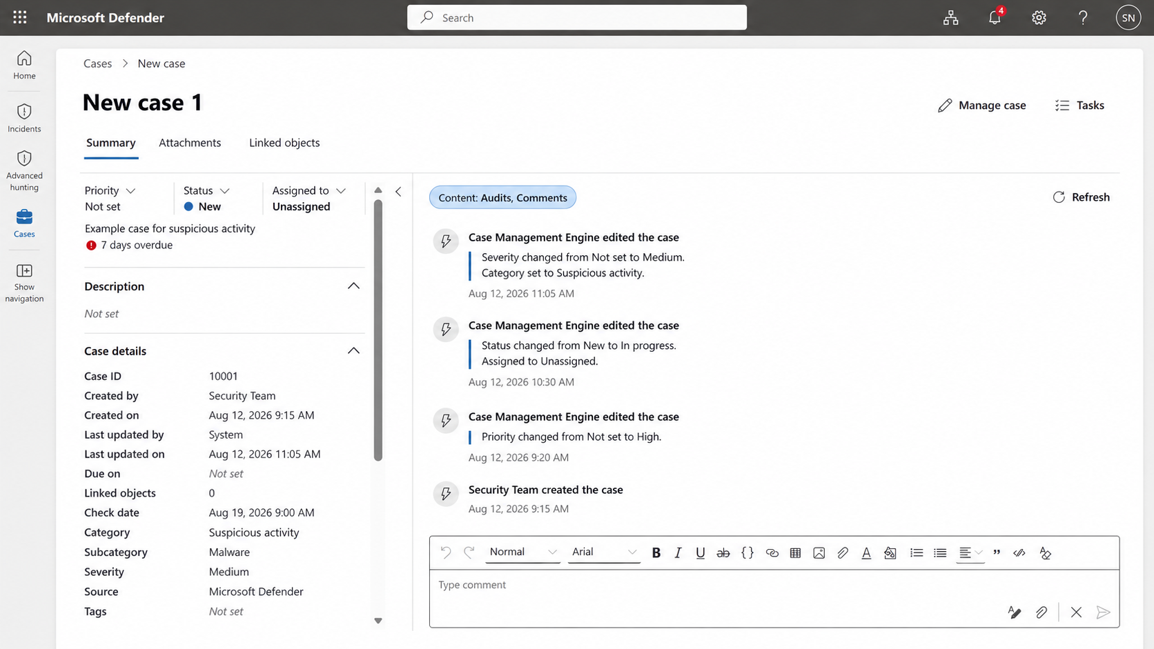 Screenshot showing the Summary page for a generic case in the Microsoft Defender portal.