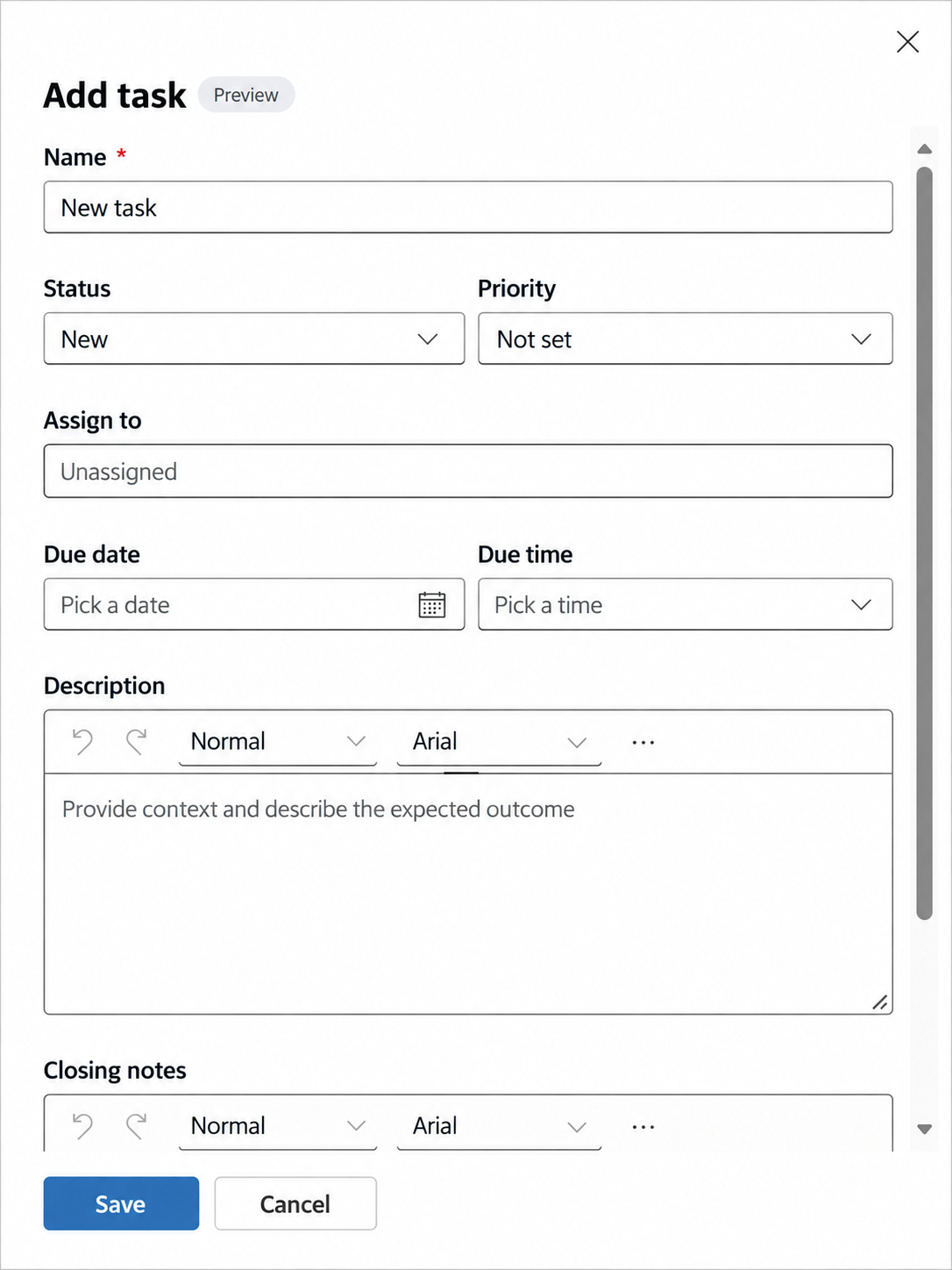 Screenshot showing the Add task pane for a generic case in the Microsoft Defender portal.