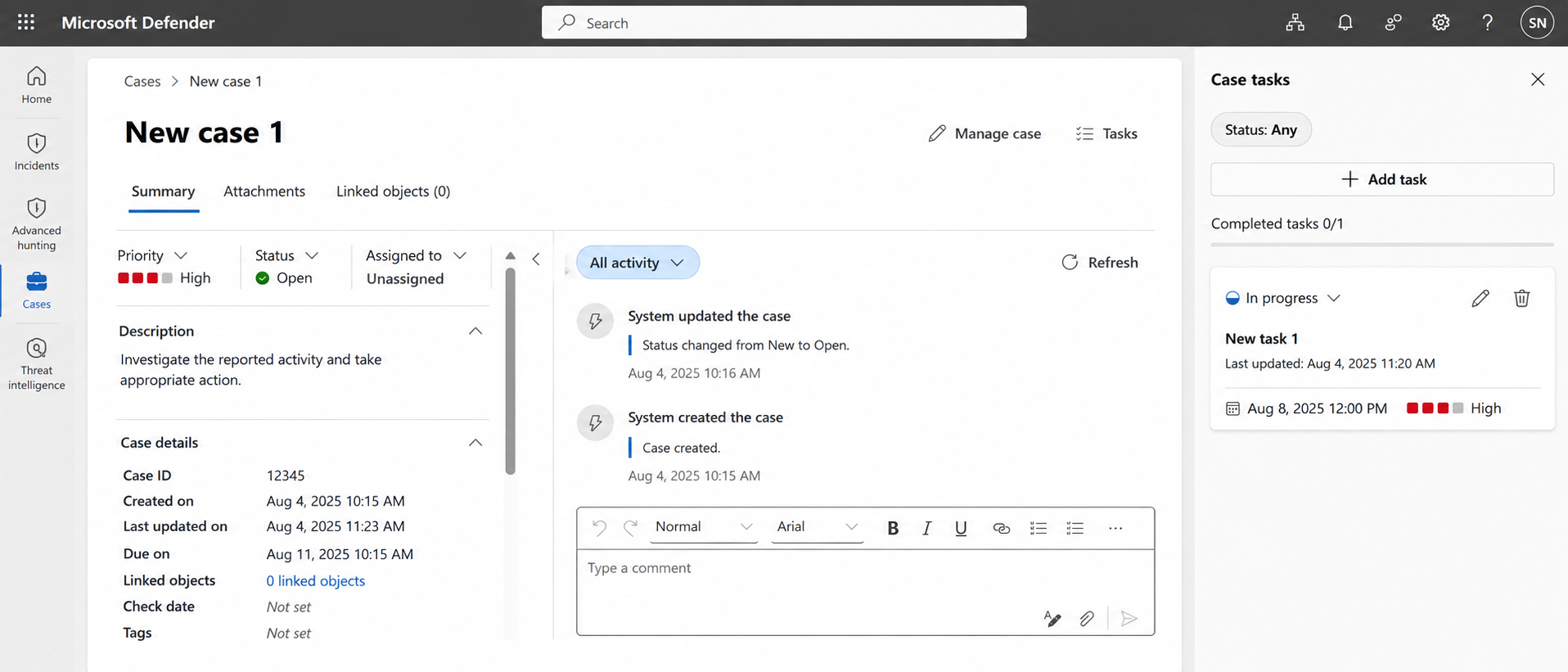 Screenshot showing the Case tasks pane for a generic case in the Microsoft Defender portal.