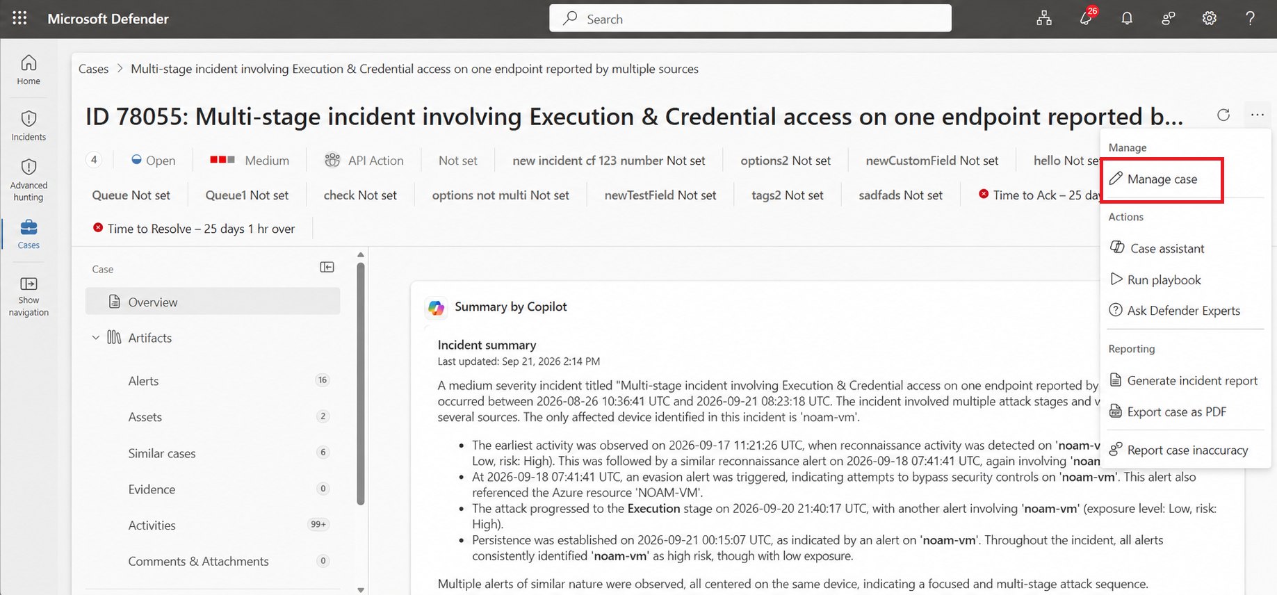 Screenshot showing an incident case page in the Microsoft Defender portal with the Manage menu open.