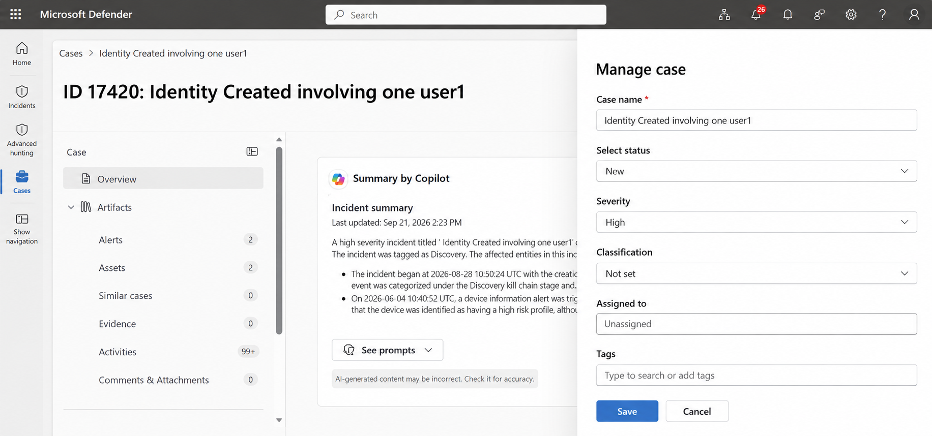 Screenshot showing the Manage case pane for an incident case in the Microsoft Defender portal.