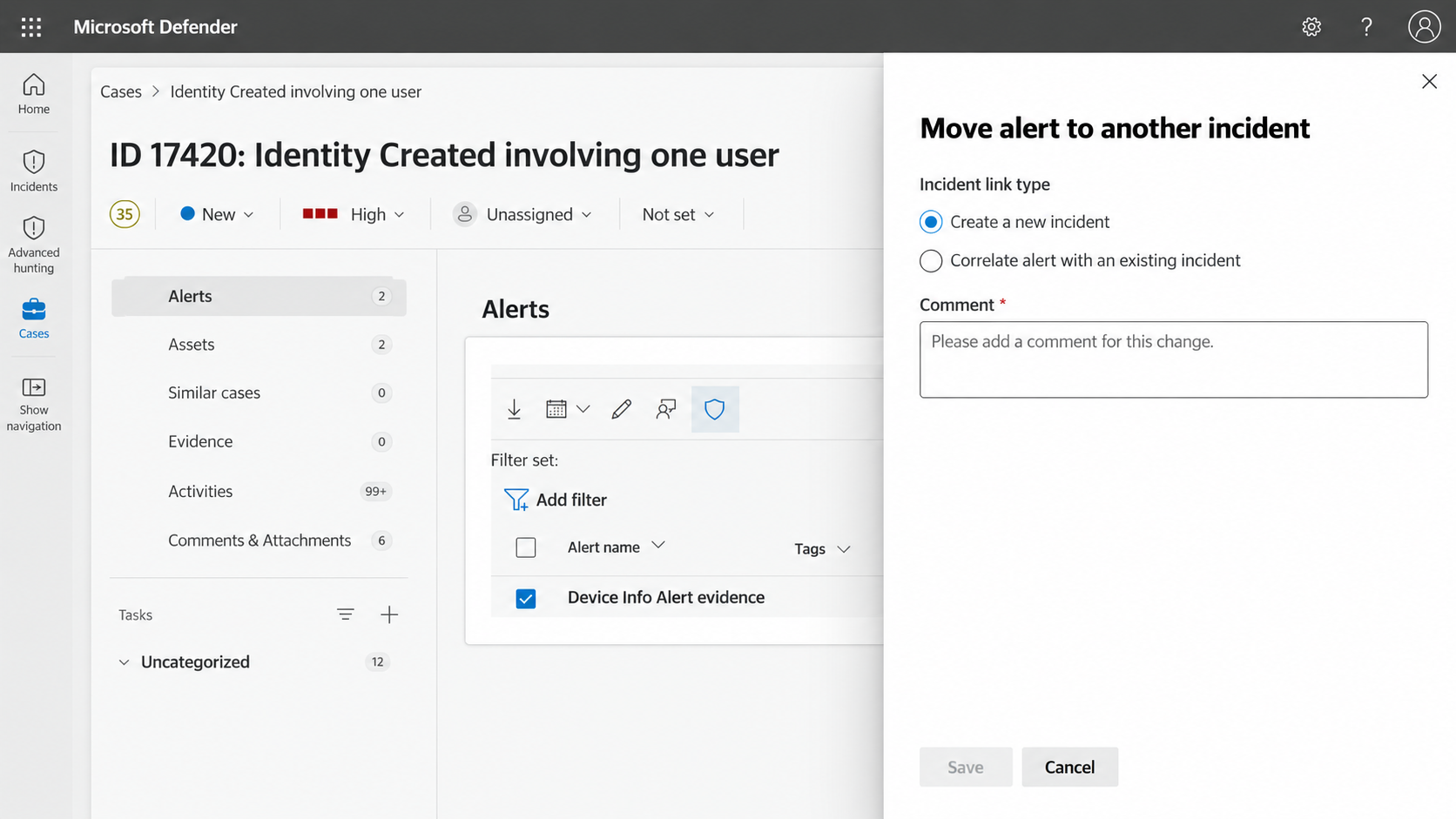 Screenshot showing the Move alert to another incident pane in the Microsoft Defender portal.