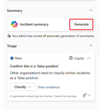 Screenshot that shows the Generate summary button on the incident page.