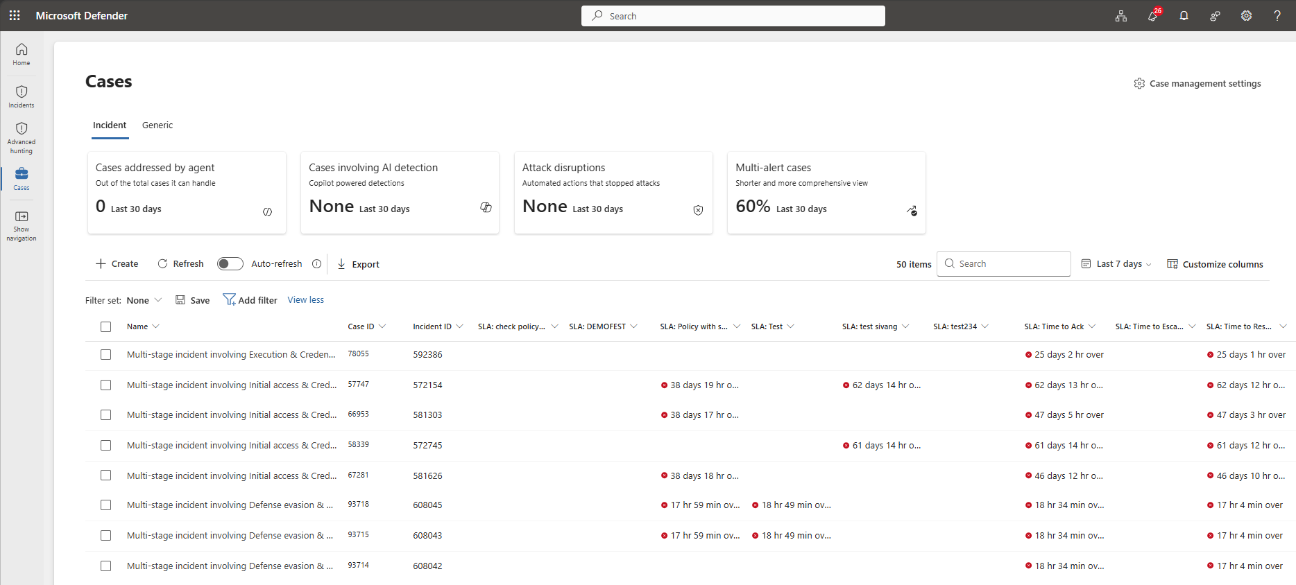 Screenshot showing the Cases page in the Microsoft Defender portal.