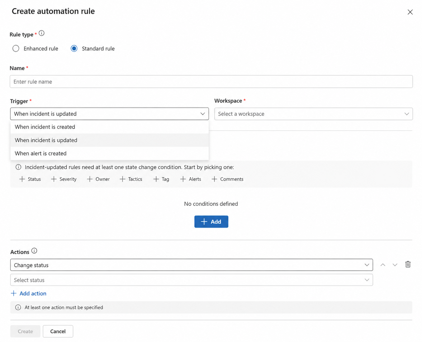 Screenshot showing the option to create a standard automation rule.
