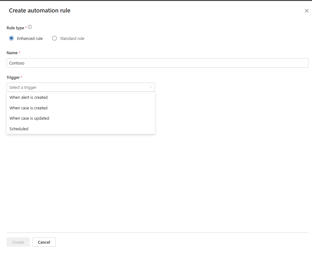 Screenshot showing trigger options for an enhanced automation rule.