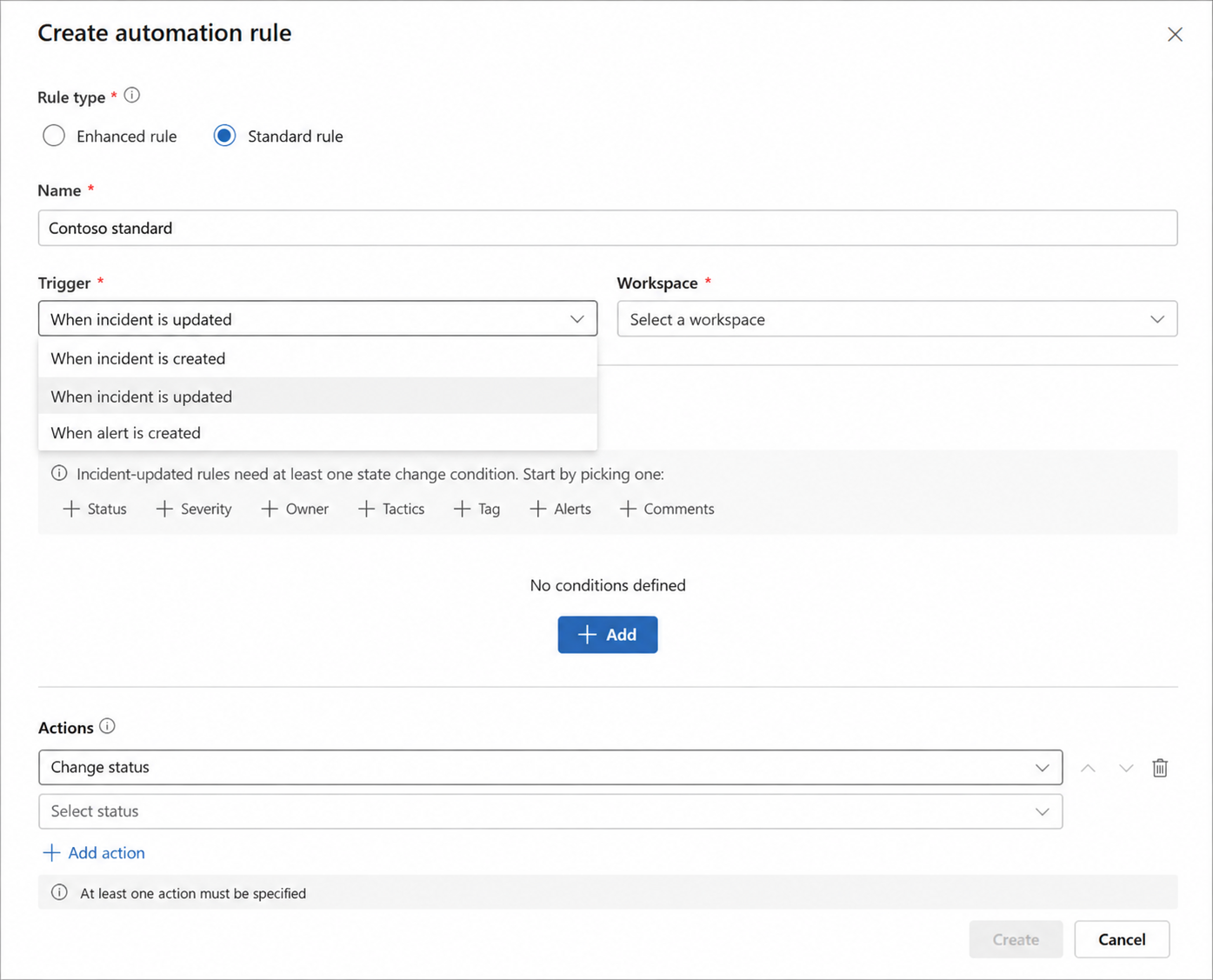 Screenshot showing trigger options for a standard automation rule.