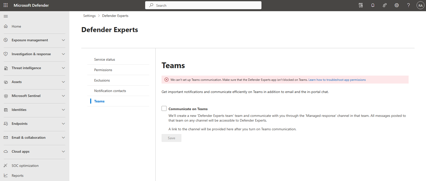Screenshot of Teams communication restrictions.