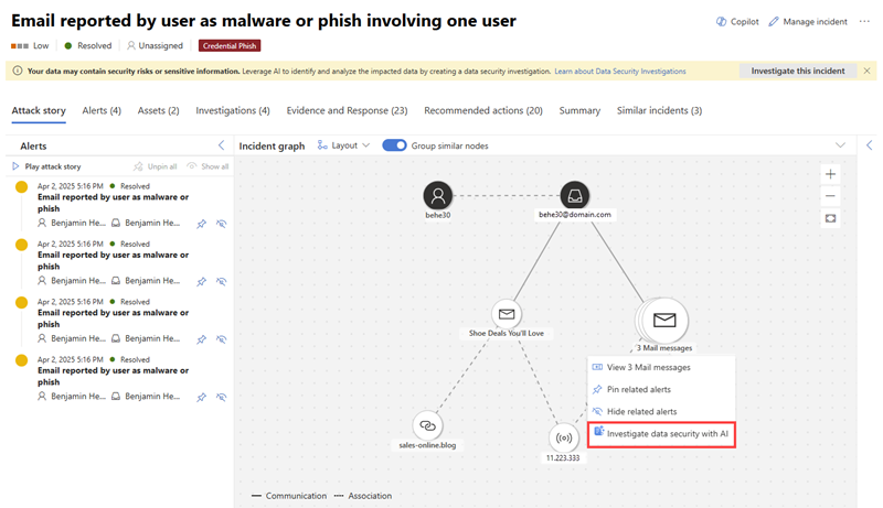 Screenshot highlighting the Create Data Security investigation option from an entity in the incident graph