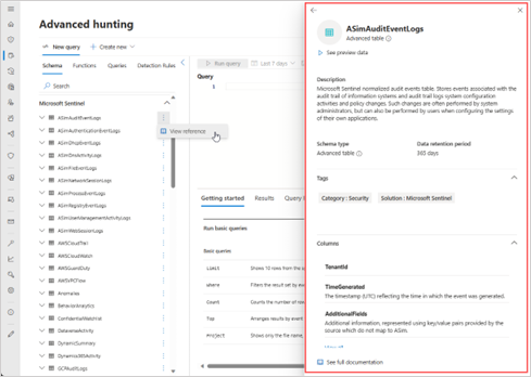 Screenshot of the schema information pane in the Microsoft Defender portal