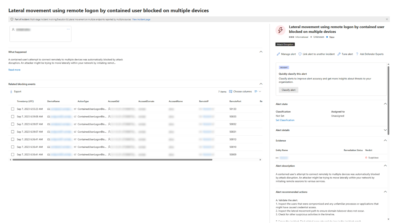 Shows a user contain lateral movement block event