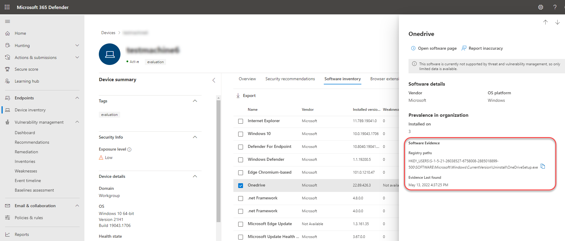 Software evidence example of Windows 10 from the devices list, showing software evidence registry path.