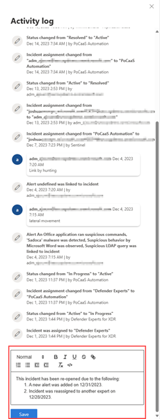 Screenshot highlighting the comment box from the incident page in the Microsoft Defender portal.