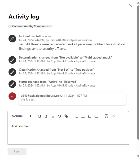 Screenshot of appearance of resolution note in the activity log.