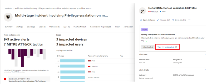 Screenshot of selecting an alert in the Microsoft Defender portal