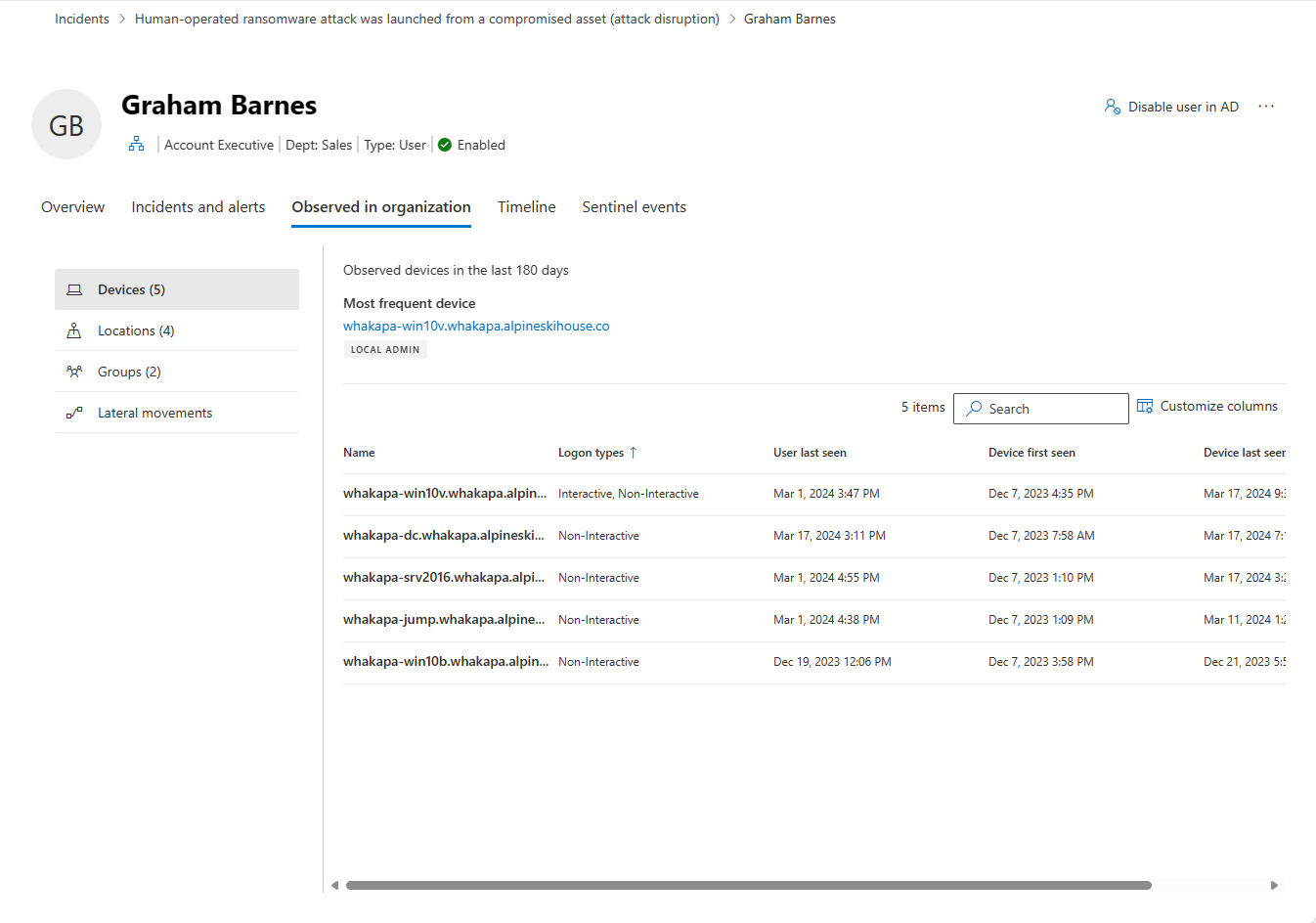 Screenshot of the Observed in organization view showing device, group, location, and lateral movement paths for a user in the Microsoft Defender portal