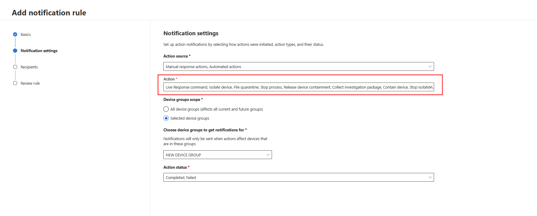 Highlighting the Actions field in the Notification settings section of the add notification rule