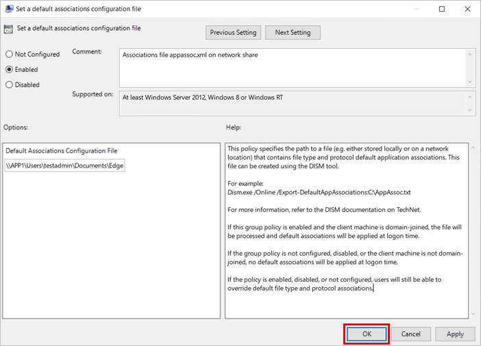Enable file association in group policy