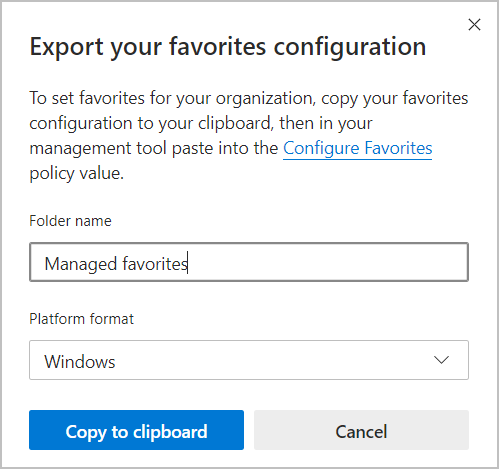 Dialog for exporting favorites to a Windows folder.